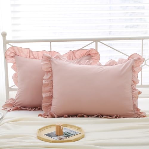 Mywinlle Set of 2 Shabby Shabby Blush Pink Washed Cotton Farmhouse Style Frill Pillow Cases 20x26 Inch