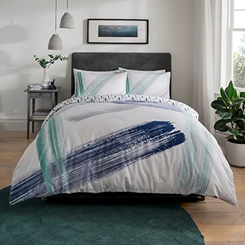 Sleepdown Abstract Brush Strokes White Teal Navy Reversible Duvet Cover Quilt and Pillow Cases Bedding Set Soft Easy Care - King (230cm x 220cm)