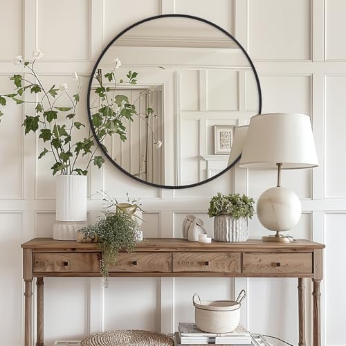 Melodieux Round Wall Mirror 80cm Black Circle Home Decorative Hanging Wall Mounted Vanity Mirror for Bathroom Hallway Bedroom Living Room