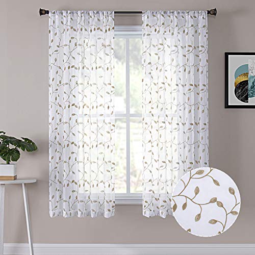 Tollpiz Leaves Short Sheer Curtain Taupe Leaf Embroidery Living Room Curtains Rod Pocket Voile Faux Linen Embroidered Leaves Curtain for Bedroom, 38 x 45 inches Long, Set of 2 Panels