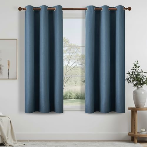 DONREN Total Blackout Linen Curtains 64 Inch Length for Bedroom Living Room, Farmhouse 100% Black Out Thermal Insulated Privacy Lightweight Grommet Curtain Panels, Denim Blue, W37 x L64, 2 Panels
