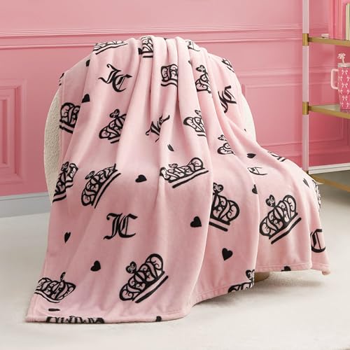 Juicy Couture Elegant Crown Diamond 50x69 Inch Plush Blanket, Pink - Decorative Blankets for Sofas, Throws for Chairs and Beds