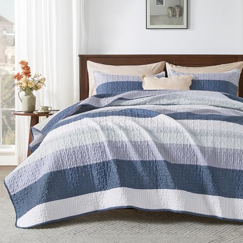 Andency Oversized King Quilt Mineral Blue,3 Pcs Stripe Super King Bedspread - Lightweight Mineral Blue Patchwork Quilted All Season Coverlet Bed Cover Decor 1 Quilt, 2 Pillowcases???120x120 Inch???