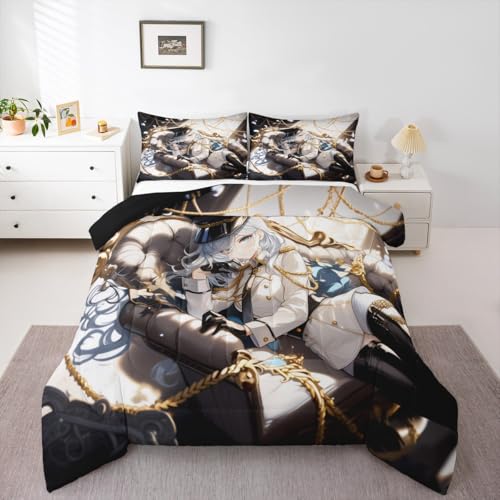 Erosebridal Anime Girl Queen Bedding Set for Kids, Kawaii Japanese Anime Comforter Set Cartoon Manga Girl Duvet Insert for Girls Boys Teens Men Japanese Animation Down Comforter, 2 Pillow Cases