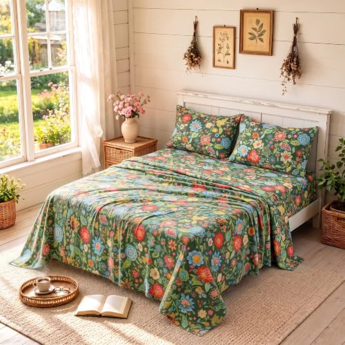 Bedlifes King Sheet Set Ultra Soft, Breathable, Silky Flower Deep Pocket 100% Microfiber Bedding, 4 Piece King Size with Floral Dark Green