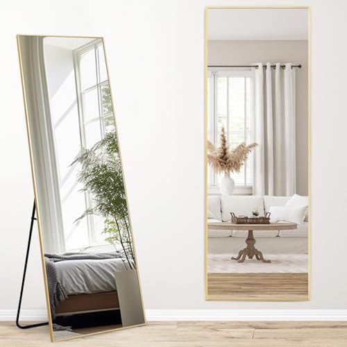 Melodieux Full Length Full Length Mirror 147 x 44 cm Modern Large Freestanding Gold Aluminium Frame Dressing Wall Mounted Mirror for Living Room Bedroom