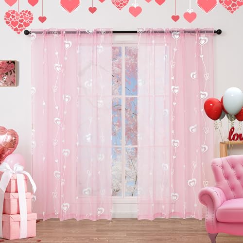 youleyar Valentine's Day Sheer Curtains, Love Heart Silver Foil Print Voile Sheer Curtains 2 Panels, Rod Pocket Window Treatment for Bedroom and Home Decor (Pink,52 W x 84 L)