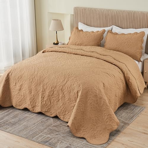 Oversized King Bedspreads 128x120 Extra Wide Quilt for Tall Bed Lightweight 3 Piece Quilted Coverlet Pillow Shams Set Khaki