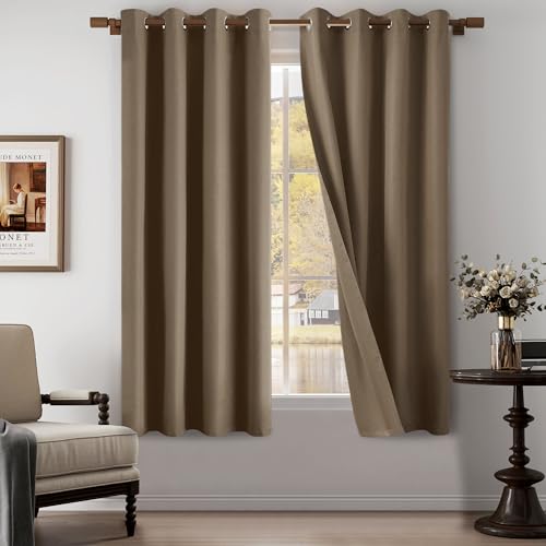 "Brown 100% Blackout Linen Textured Curtains for Living Room, Bedroom, Light Weight Curtains with Grommets Top, Full Blackout Curtains Privacy Protection, Brown, 52"" W x 72"" L, 2 Panels"