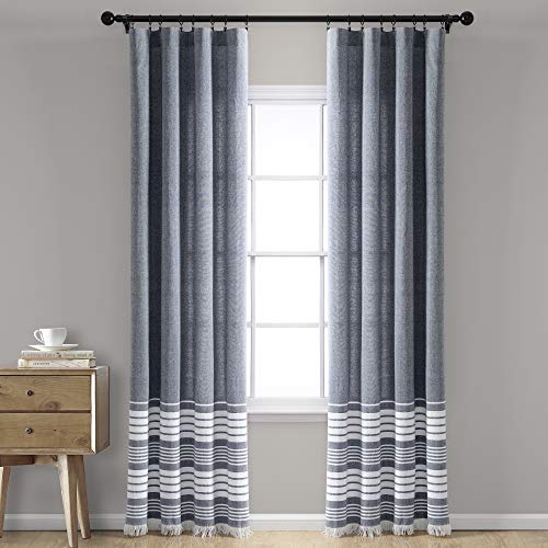 "Lush Decor, Navy Nantucket Yarn Dyed Cotton Tassel Fringe Window Curtain Panel Pair, 84"" x 40"""