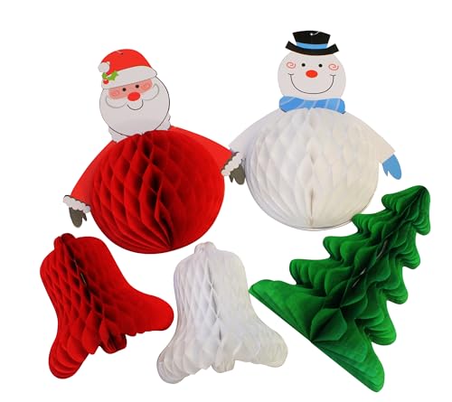 Bright Ideas Retro Christmas Hanging Honeycomb Decorations. PK05 Festive Shapes in 4 Assorted Designs. Santa, Snowman, Christmas Tree and Bells. BI2077.