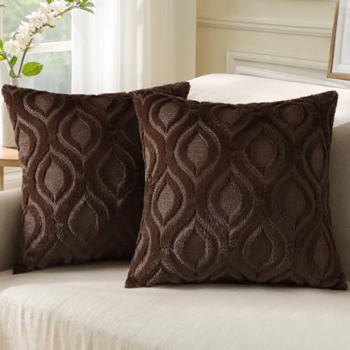 decorUhome Faux Fur Soft Dark Brown Throw Pillow Covers 26x26 Set of 2 - Plush Solid Fall Couch Pillow Covers, Accent Modern Farmhouse Neutral Decorative Square Pillow Cases for Sofa Bed Living Room