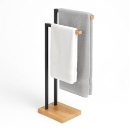 Relaxdays Freestanding Towel Rack with 2 Bars, Metal & Bamboo, 80.5 x 38.5 x 19.5 cm, Black/Natural