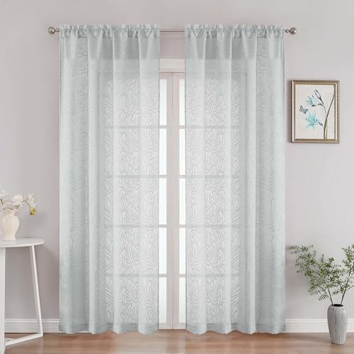 OVZME Light Grey Sheer Curtains 90 Inches Long 2 Panels, Leaf Jacquard Light Filtering Farmhouse Voile Sheer Curtains for Living Room, Modern Drapes with Dual Rod Pocket Design, 2x42Wx90L Inches
