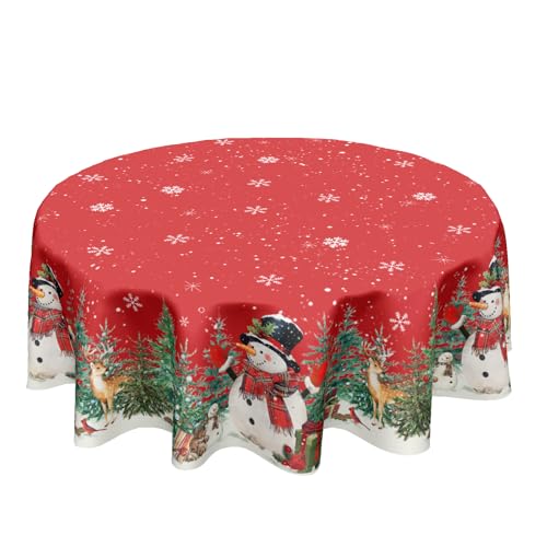 ABSOP Red Christmas Round Tablecloth 70 Inch Xmas Snowman Pattern Circle Table Cloth Winter Snowflake Table Cover Washable Polyester Decorations for Home Kitchen Dinning Party