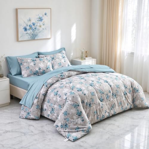 FlySheep Botanical Bed in a Bag Queen Size 7 Pieces, Aqua Leaves on Grey Printed Elegant Comforter Bedding Set (1 Comforter, 1 Flat Sheet, 1 Fitted Sheet, 2 Pillow Shams and 2 Pillowcases)