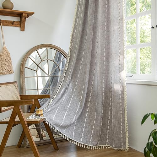 "Sutuo Home Brown Boho Curtains 84 inch for Bedroom, Semi Blackout Linen Farmhouse Shabby Chic Tassels Window Treatment Bohemian Embroidery Drape for Halloween Decor, Rod Pocket 1 Panel 52"" W x 84"" L"