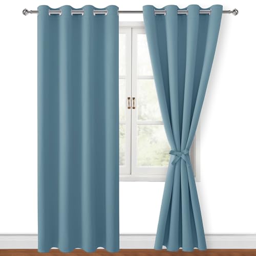 Hiasan Blackout Curtains for Bedroom, 52 x 84 Inches Long - Thermal Insulated & Light Blocking Window Curtains for Living Room, 2 Drape Panels Sewn with Tiebacks, Stone Blue