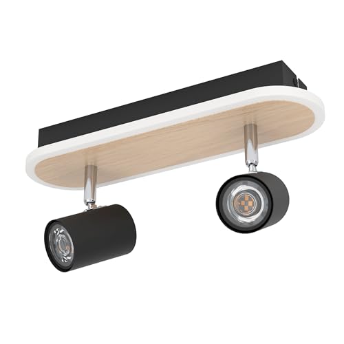 Eglo LED Ceiling lamp Rimbocchi, Oval Light with 2 Adjustable spotlights, Swivel spot bar, Metal Spotlight in Black and Wood Effect, Warm White, L 34 cm