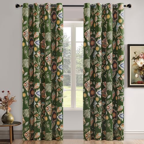XiDi Green Floral Curtains Vintage Patterned Blackout Curtains 108 Inches Long 2 Panels for Bedroom Thermal Insulated Luxury Curtains Botanical Leaf Printed Design Grommet Drapes Moss Green 52x108