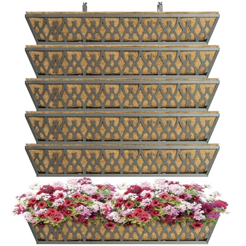 6 Pack 30 Inch Window Boxes Planters Railing Planter Box with Adjustable Brackets for Porch Fence Patio Balcony Hanging Flower Baskets with Coco Liners for Outdoor Garden Decor - Grey