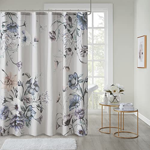 "Madison Park Cassandra Cotton Percale Bathroom Shower, Printed Floral Design Modern Shabby Chic Privacy Bath Fabric Curtains, 72""x72"", Blue"