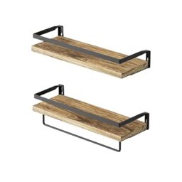 Relaxdays Wall Shelves 2-Piece Set, Wood & Iron, Raised Rim, Towel Rail, Industrial Style, Natural/Black, 13.5x40x15 cm