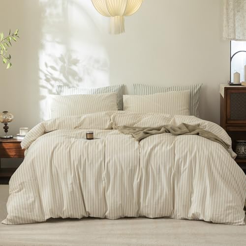 FOSSA Striped Duvet Cover Set 100% Washed Cotton Linen Feel California King - Super Soft Breathable Lightweight & All Season Bedding Set with Hidden Zipper & 8 Corner Ties (Almond Grey)