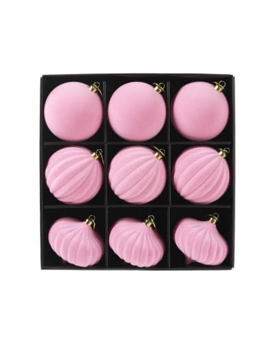 WeRChristmas Set of 9 Pink Velvet Christmas Baubles, 10cm - Set of 9 pink 10cm velvet baubles with round, ribbed and spiral ribbed designs, gold caps and hanging strings