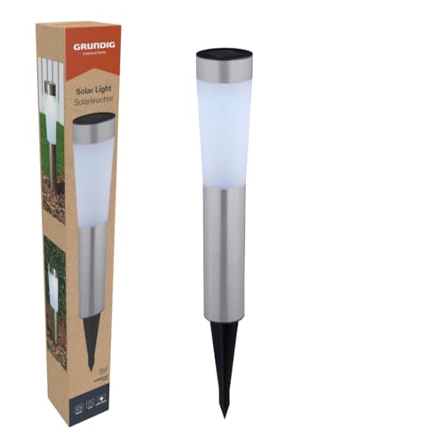 Grundig Solar Outdoor Garden Light with 2 Cool White LEDs – Solar Outdoor Lighting IP44 – Solar Garden Light with Stake – Stainless Steel