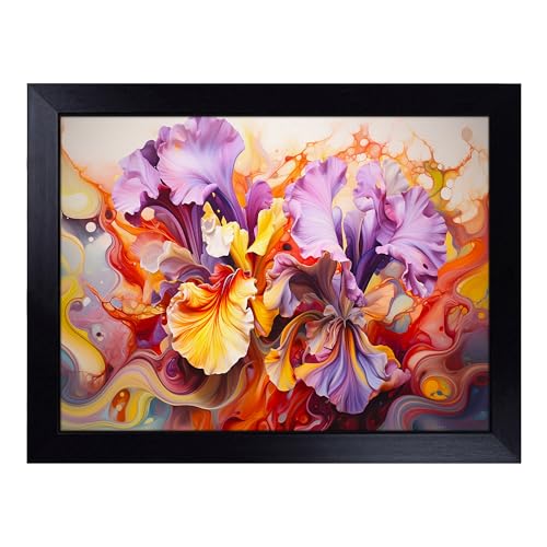Lap Tray with Bean Bag Cushion, Iris Flower Contemporary - Handmade in the UK, Raised Wooden Edge, Padded Cushion, Heat-Resistant Wipe-Clean Surface, for Meals, Laptops and Crafts