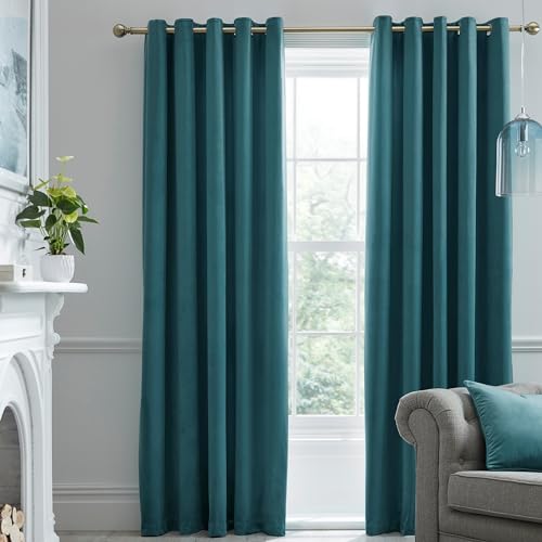 "Laurence Llewelyn-Bowen Teal Velvet Curtains – W46 x L54"" (117x137cm) – 2 Panels – Thermal Blackout Eyelet Drapes – Silky Sound-Reducing Panels – Montrose Collection for Bedroom or Living Room"