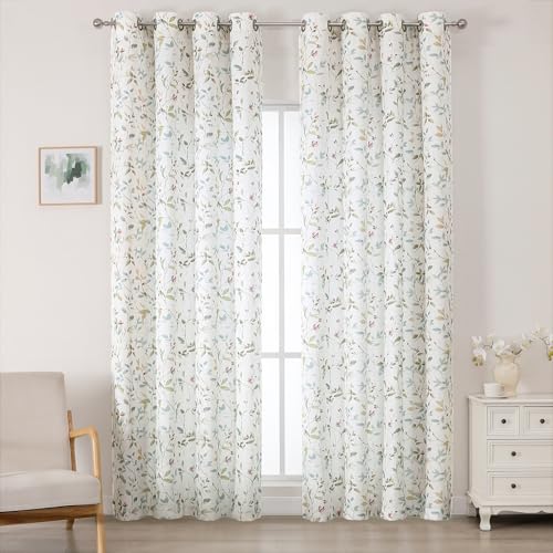 "OWENIE Linen Blend Curtains for Bedroom Living Room 90 Inches Long 2 Panels Set, Soft Airy Light Filtering Leaf Floral Printed Farmhouse Grommet Textured Window Treatments, Each 52"" Wx90 L, 2 PCS"