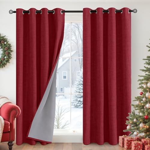 YoungsTex Burgundy Linen Blackout Curtains 84 Inches Long for Bedroom, Thermal Insulated Light Blocking Window Drapes with Grommet Christmas Decor for Living Room Dining Room, 2 Panels, 52 X 84 Inch