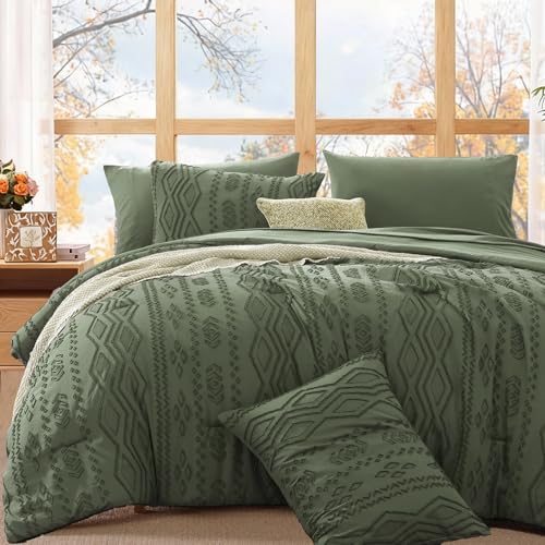 Full Size Comforter Set- 7 Pieces Tufted Bed in a Bag Full Bedding Sets - All Season Shabby Chic Boho Bedding with Comforter, Sheets, Pillowcases & Shams, Olive Green