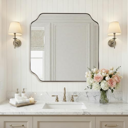"ANDY STAR 24""x24"" Brushed Nickel Square Mirror, Silver Bathroom Mirror for Wall, Modern Scalloped Mirror in Anti-Rust Stainless Steel Frame, Styled Scalloped Edge Design Ideal for Home Decor"