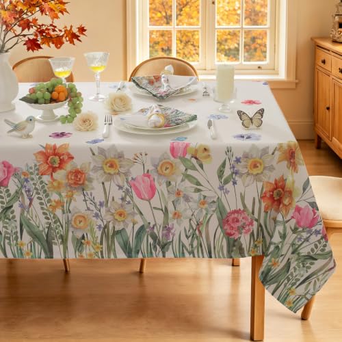 "SASTYBALE Spring Summer Tablecloth, Rectangle Table Cloth Colorful Floral Table Cover Spillproof Washable Flowers TableCloths for Dining, Farmhouse, Picnic, Outdoor, Kitchen, Easter (60"" x 120"")"