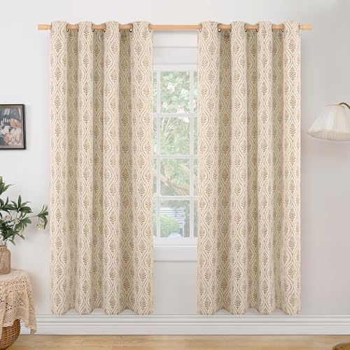 BGment Taupe Curtains for Living Room 72 Inches Long, Natural French Country Curtains Sheer Linen Grommet Window Drapes Boho Leaf Jacquard Patterned for Farmhouse Bedroom, 2 Panels Set, 52 x 72 Inch