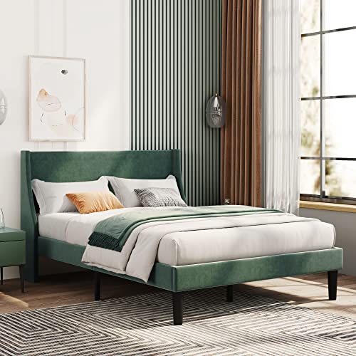 Ball & Cast Velvet Double Bed Frame, 4FT6 Upholstered Bed with Winged Headboard, Wood Slat Support, Velvet Dark Green, L197*W142*H96cm