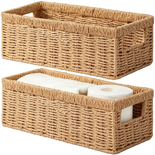 Vagusicc Wicker Storage Basket, Paper Rope Wicker Baskets with Handles, Toilet Paper Basket for Toilet Tank Top, Small Wicker Baskets for Organizing Shelves, 2-Pack, Natural