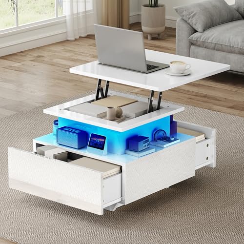 DWVO Lift Top Coffee Table with LED Lights, Modern White High Gloss Cocktail Table with Adjustable Height, Storage Drawers & Shelves for Living Room, 60 x 60 x 45-58 cm