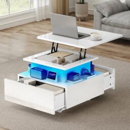 DWVO Lift Top Coffee Table with LED Lights, Modern White High Gloss Cocktail Table with Adjustable Height, Storage Drawers & Shelves for Living Room, 60 x 60 x 45-58 cm