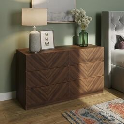 GFW Catania 3+3 Drawer Chest of Drawers, Royal Walnut Bedroom Storage Unit with Herringbone Wood Grain Design, Modern Handle-Free Furniture