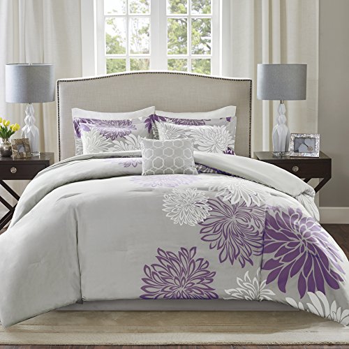 Comfort Spaces Comforter Set Ultra Soft Hypoallergenic Microfiber Floral Print Bedding, Fabric, Purple/Grey, Queen