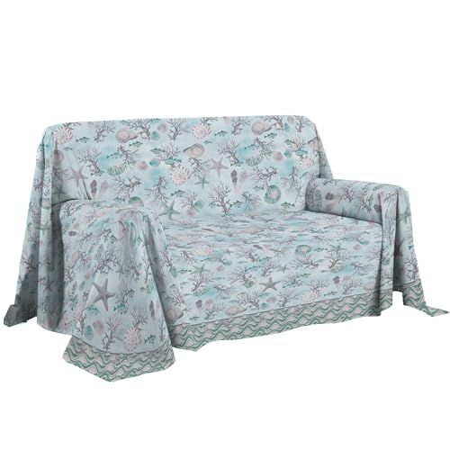 PENSIERI DELICATI Sofa Cover, 250 x 290 cm, Made in Italy, 100% Pure Cotton Fabric, Navy Green Pattern, Ideal as a Furniture, Sofa or Summer Bedspread (Double Bed)