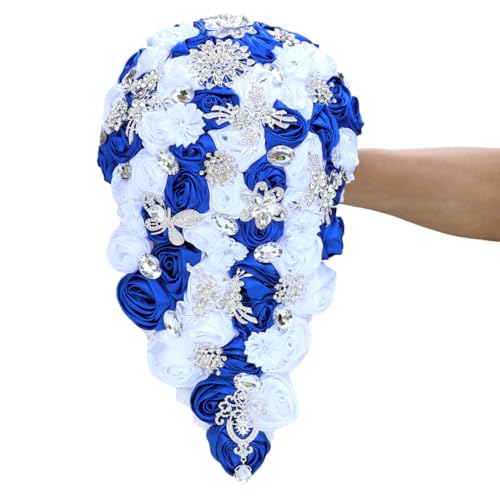 "Mhojpik Luxury Cascade Bridal Wedding Bouquet Satin Rose Waterfall Holding Bouquet Artificial Flower Bunch for Bride Bridesmaid(Royal Blue & White, 17.3"" x 8.7"")"