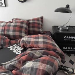 "VM VOUGEMARKET Cotton Muslin Duvet Cover Queen Christmas Red Plaid Bedding Set Soft Breathable Linen Like Gauze Gingham Comforter Cover with Zipper Closure for Teen Men,90""x90"""