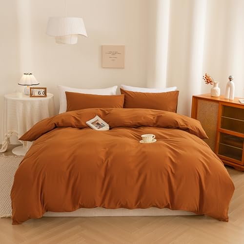 ECOCOTT 100% Washed Cotton Duvet Cover Full Size ??? Soft & Breathable Linen Feel Bedding Set, 3 Pieces Brown Comforter Cover with Zipper Closure for All Seasons