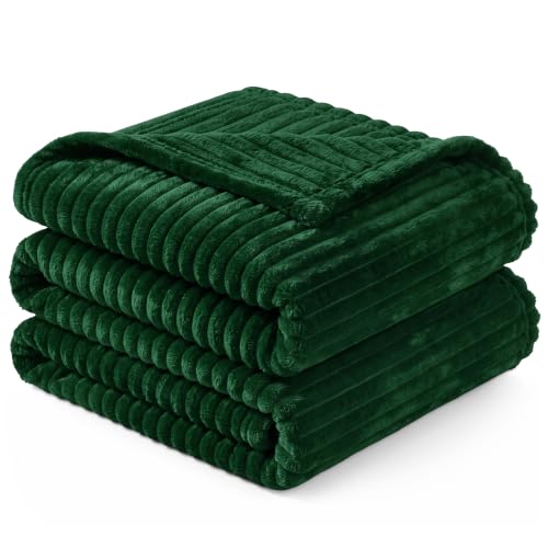 PAVILIA Super Soft Fleece Throw Blanket Twin Emerald Green, Fuzzy Plush Flannel Throw, Warm Cozy Ribbed Microfiber Blanket for Sofa Couch Bed, Lightweight Striped Blanket, Green, 60x80