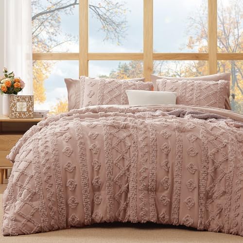 Queen Size Comforter Set- 7 Pieces Tufted Bed in a Bag Queen Bedding Sets - All Season Shabby Chic Boho Bedding with Comforter, Sheets, Pillowcases & Shams, Rusty Pink